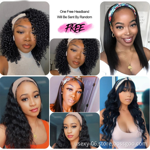 Full Cuticle Water Wave Machine Made Wigs Soft Natural Color Non Lace Hand Band Wig Human Hair Wigs